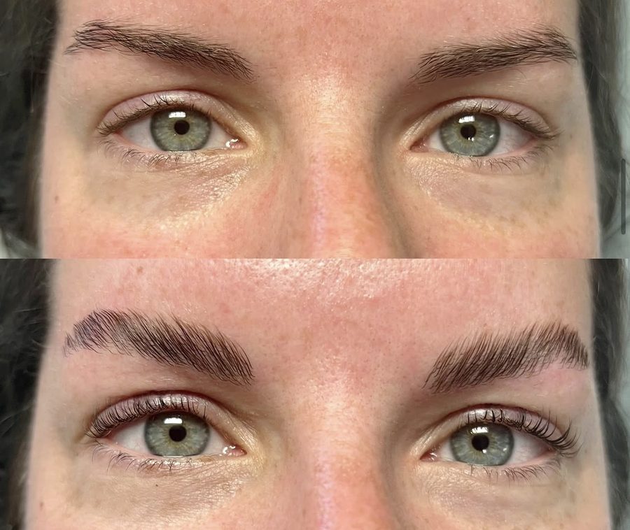 Before and after brow lamination and tint at Lash Lane