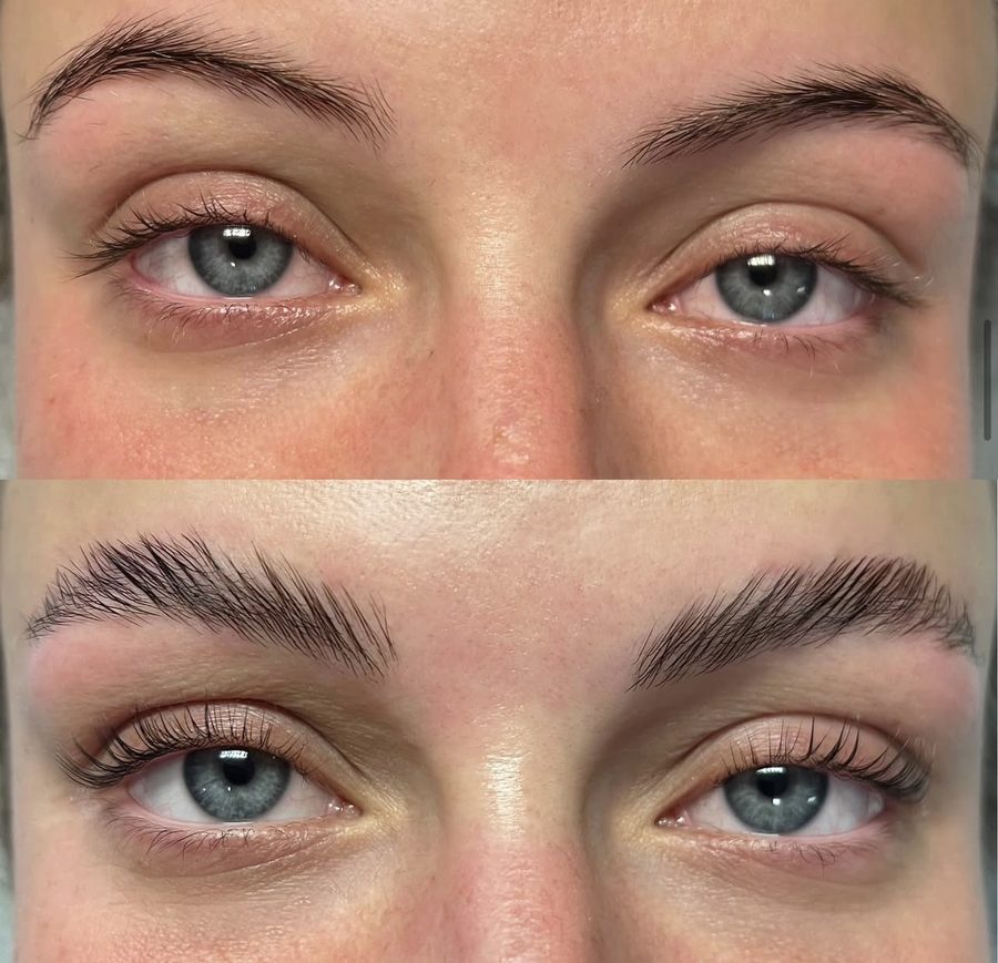 Before and after brow lamination and tint at Lash Lane